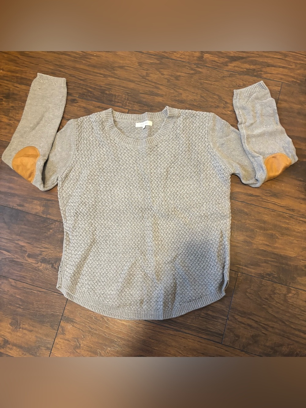 August Mist Gray Basketweave Knit Crewneck Sweater with Tan Elbow Patches - L